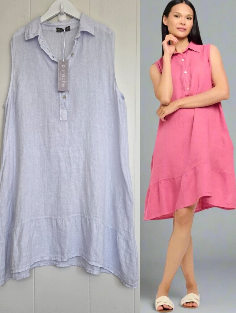 Pistache 100% Linen Flared Shirt Dress, Made In Italy Size Xl